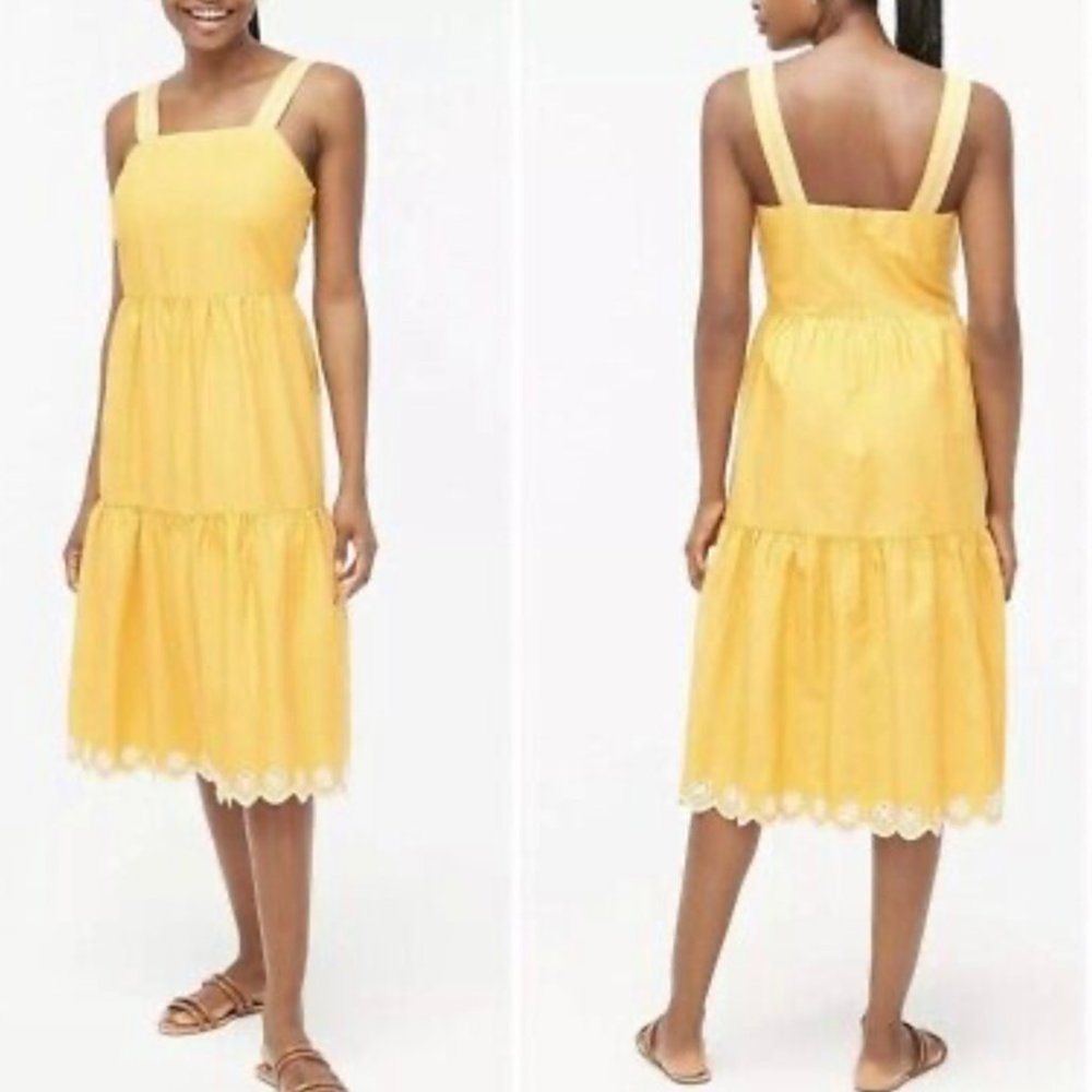 J. Crew Yellow Tiered Maxi Dress Scalloped Embroidered Hem | 10